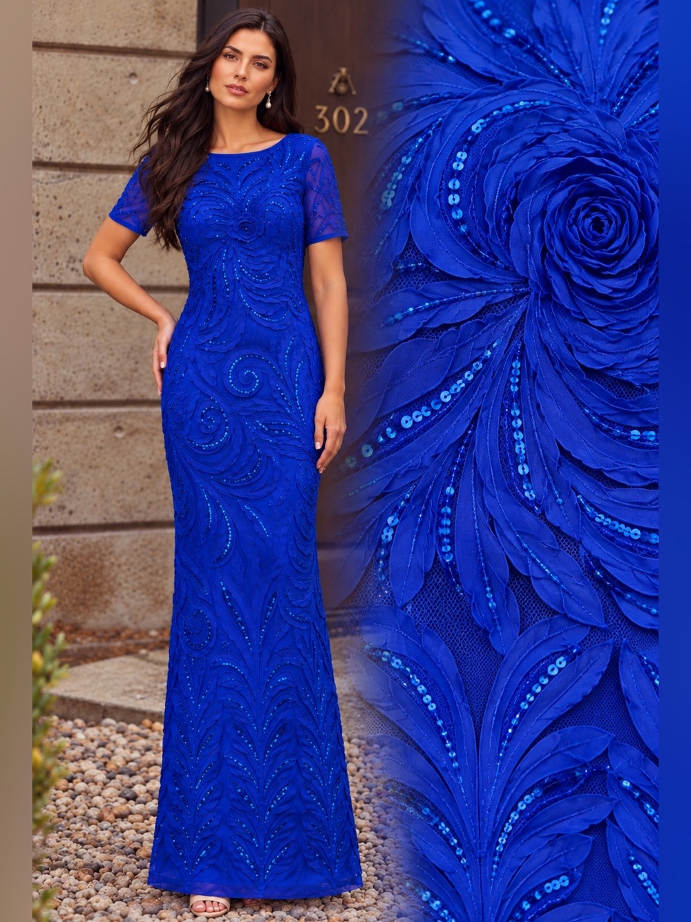 NWT Adrianna Papell Blue Violet Soutache Sequin Column Gown 8P